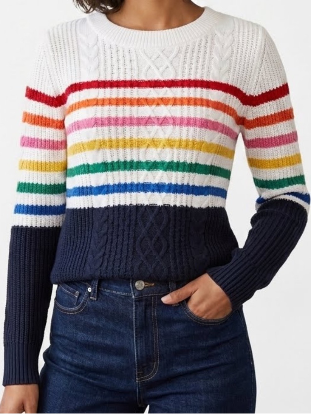 Tommy Hilfiger Rainbow Striped Cable Knit Sweater White Navy Blue Size M